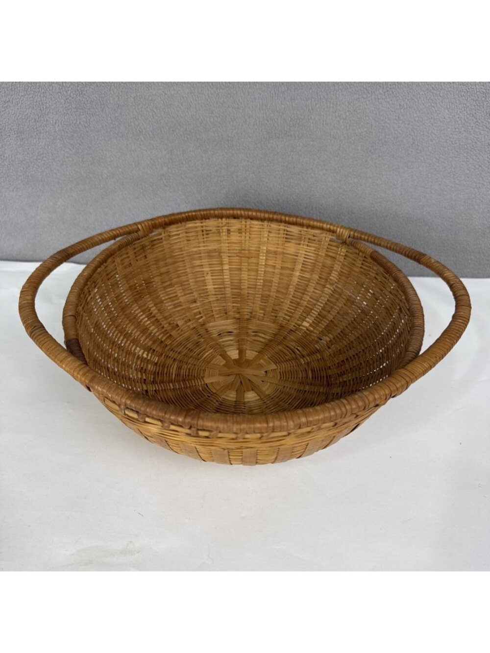 Vtg Chinese Bamboo Hand Woven Basket Signed boho handles rustic cottagecore